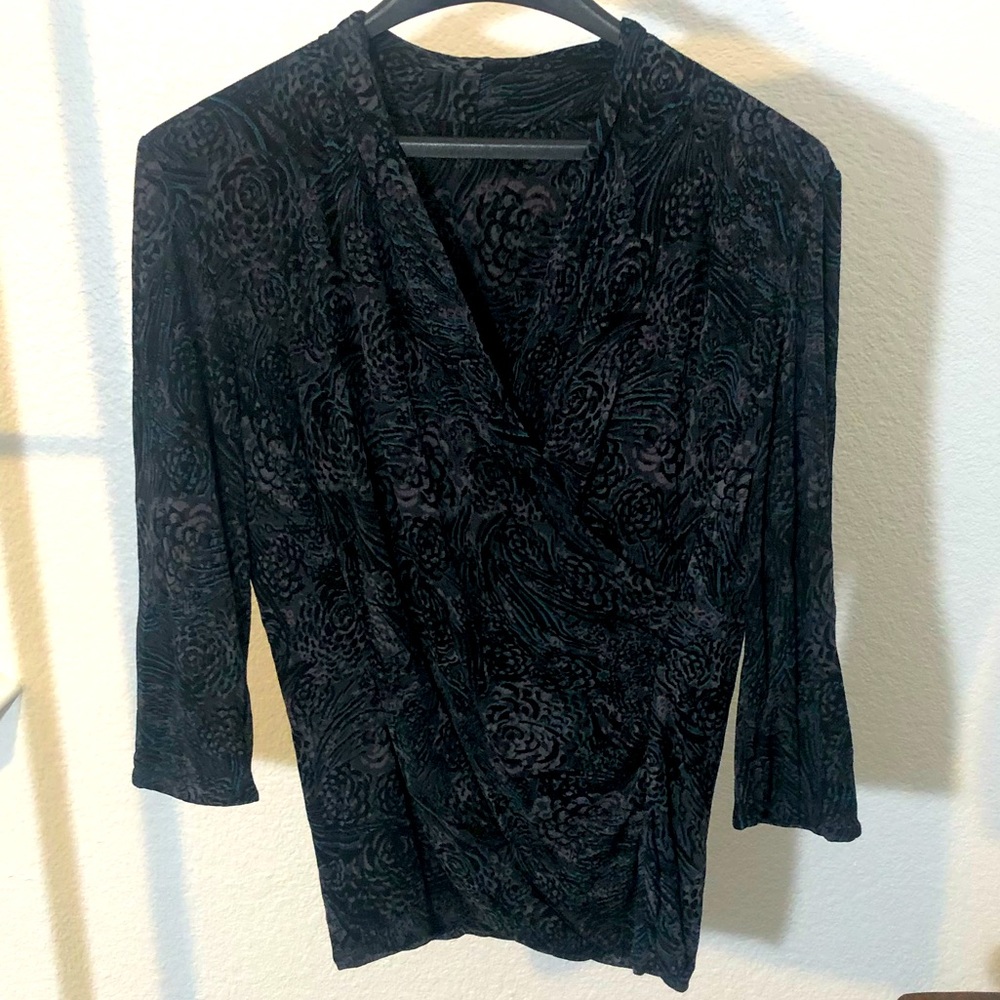 Classiques Entier (Nordstrom) Knit Mesh Faux Wrap Top. Grey/Teal Print Size L.